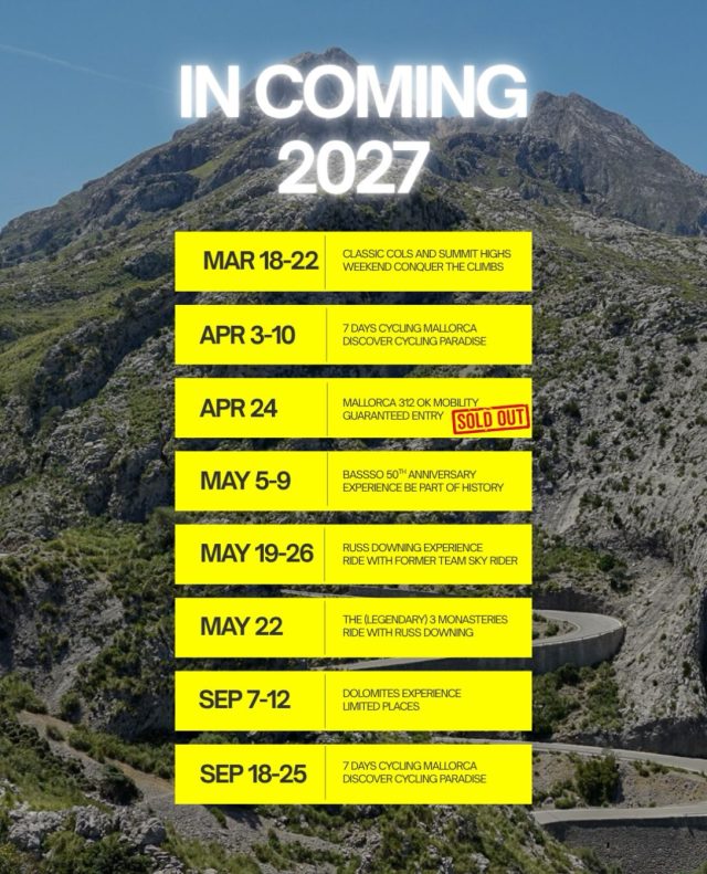 Find your next cycling experience for 2027. 

If you want more cycling, more fun and good vibes only than one of our experiences could be for you.

From our Club House in Puerto de Pollença you will find our coffee shop, bike hire and  service centre ready to look after you and provide a one stops service. 

-Expert guides 
-Cycling friendly hotel @cabot.hotels 
-Bike hire on site @bassobikes 
-Service centre ready for repairs or problems 

Contact us for more details or group bookings. 

#cyclingparadise